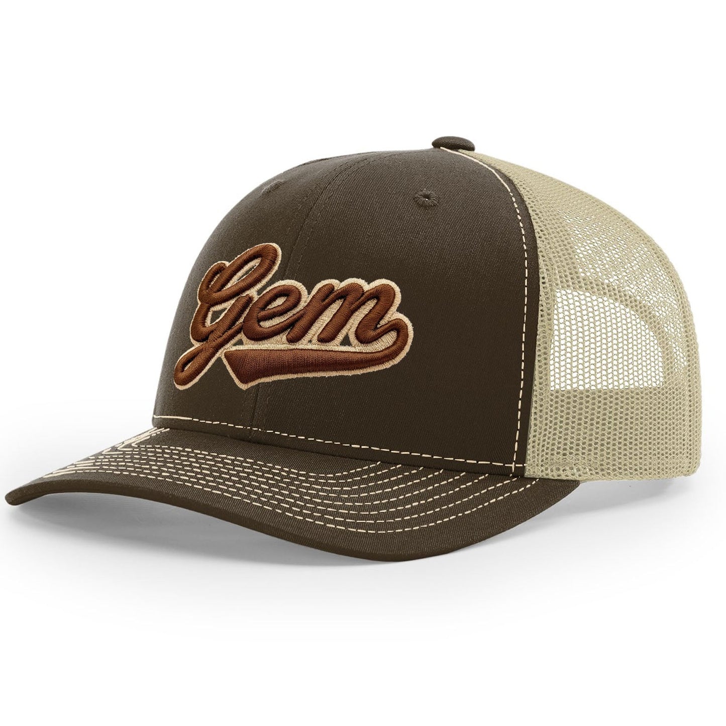 Gem Gloves R112 Trucker Hat - Brown/Khaki Script – Product View | Smash It Sports | leather, pro