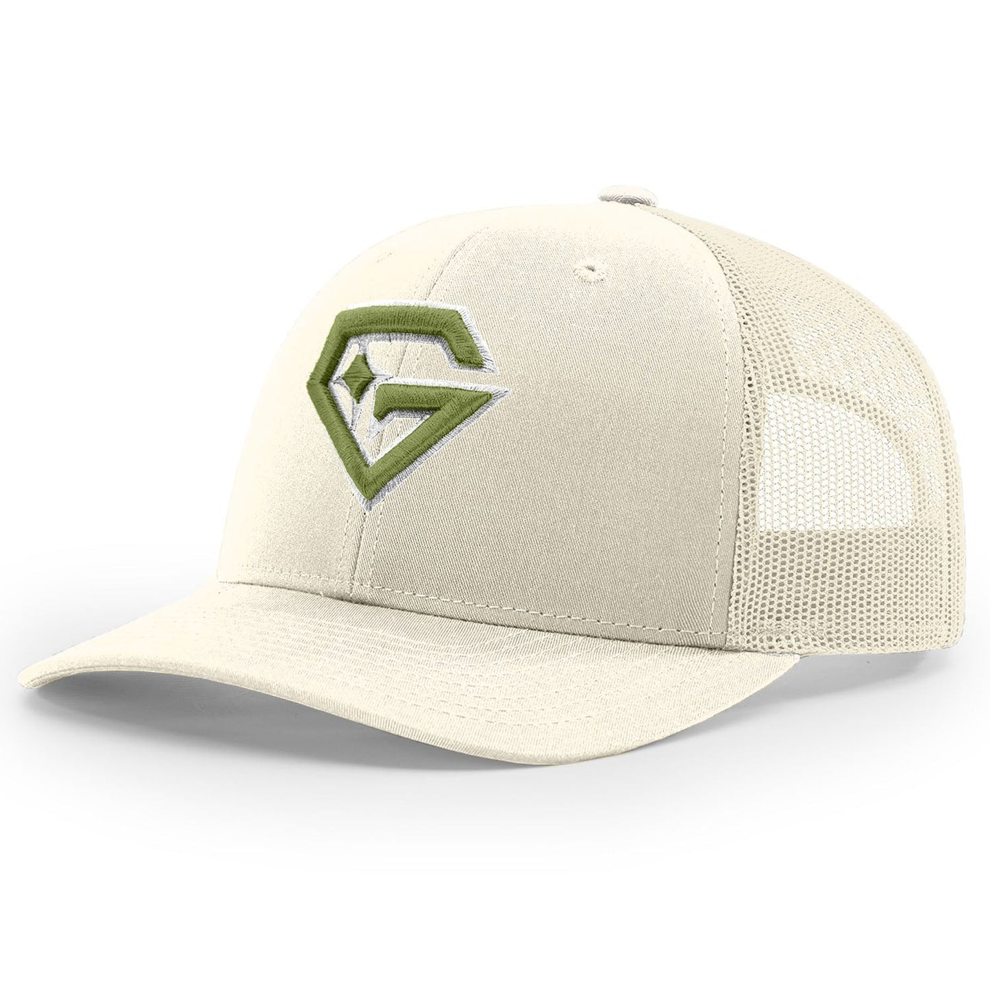 Gem Gloves R112 Trucker Hat - Cream/Military Green – Product View | Smash It Sports | leather, pro