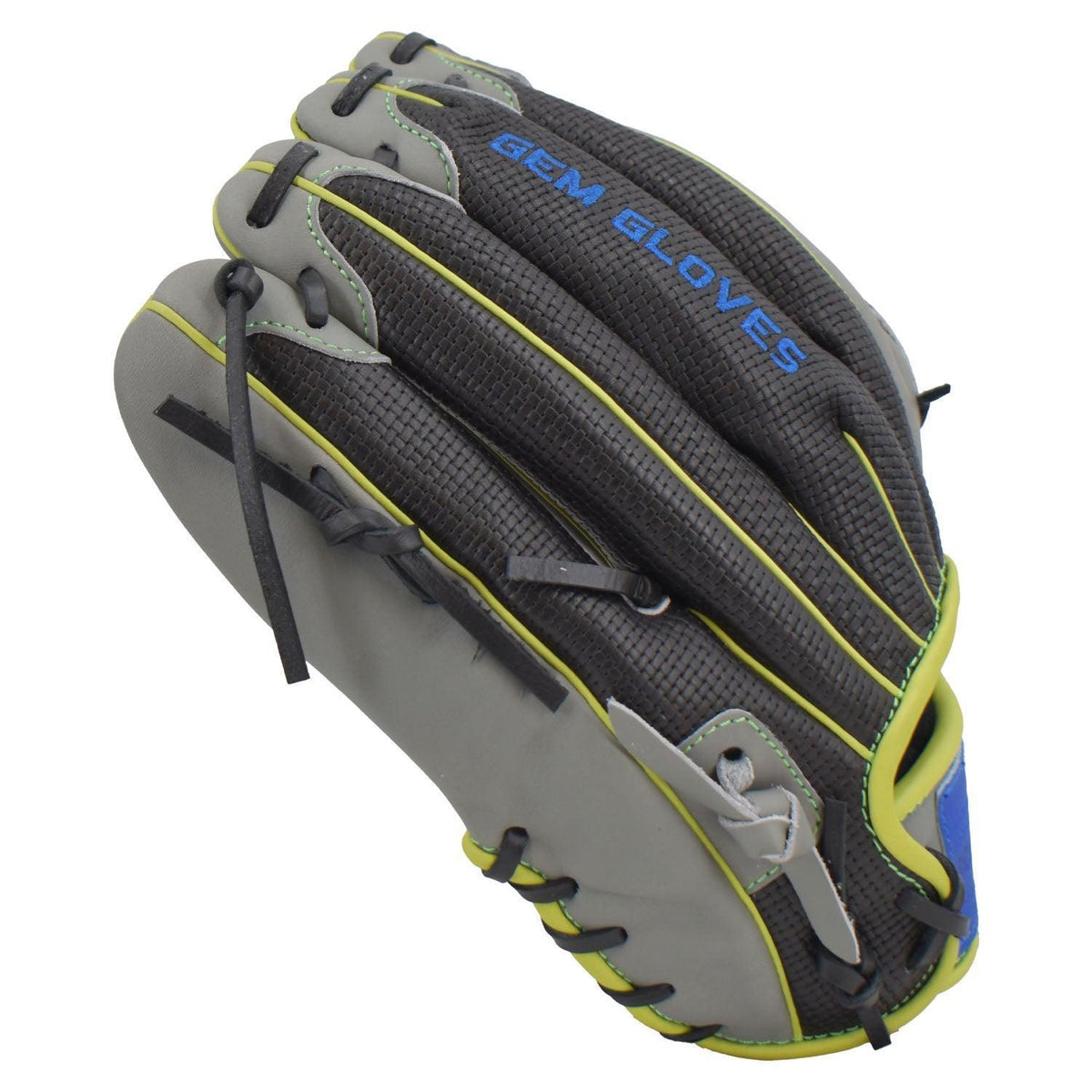 Gem Gloves Softball Fielding Glove - GEM010 Charcoal/Black/Neon Green – Product View | Smash It Sports | leather, kip, pro