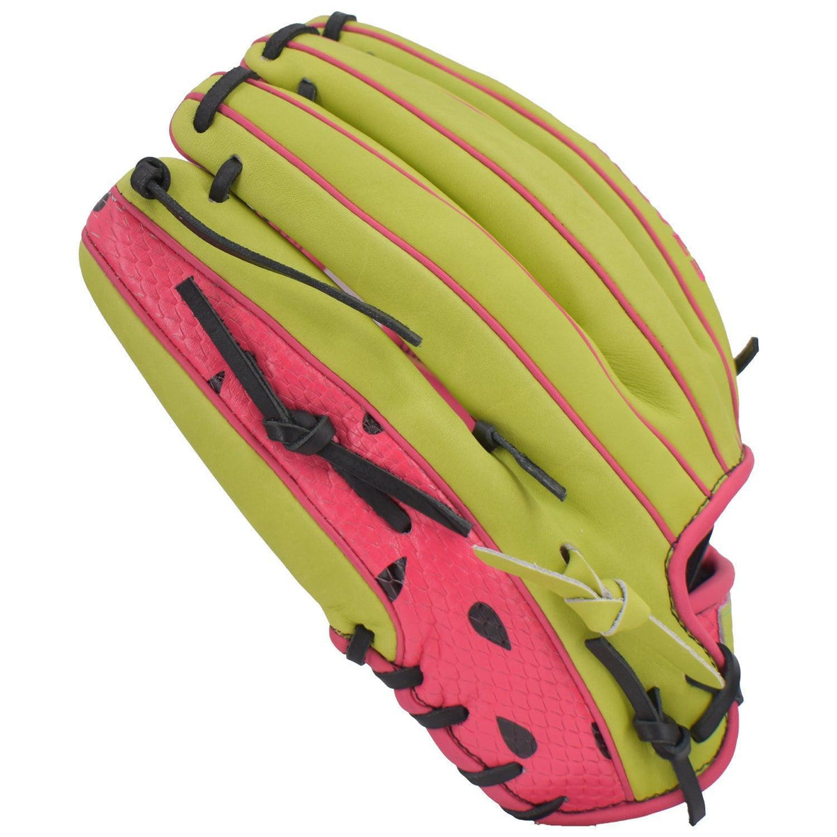 Gem Gloves Softball Fielding Glove - GEM011 (Neon Lemon/Pink) – Product View | Smash It Sports | leather, kip, pro