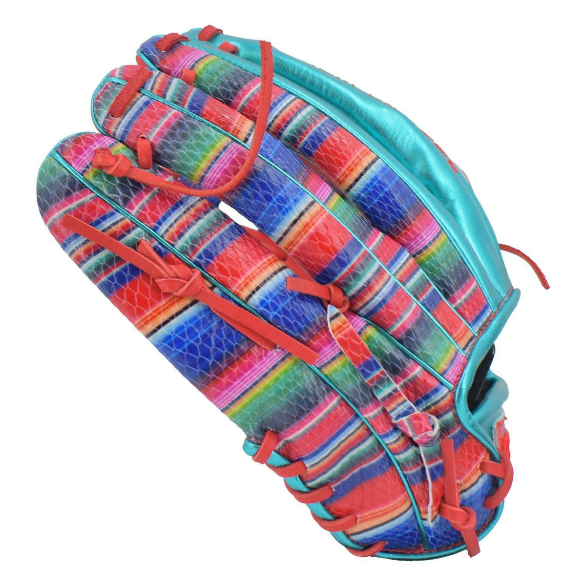 Gem Gloves Softball Fielding Glove - GEM015 (Metallic Aqua/Red) – Product View | Smash It Sports | leather, kip, pro