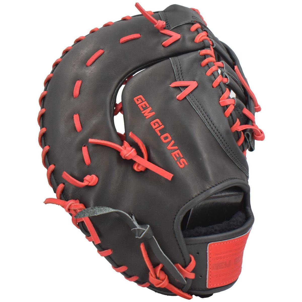 Gem Gloves Softball First Base Mitt/Glove - GEM018 (Black/Red) – Product View | Smash It Sports | leather, kip, pro