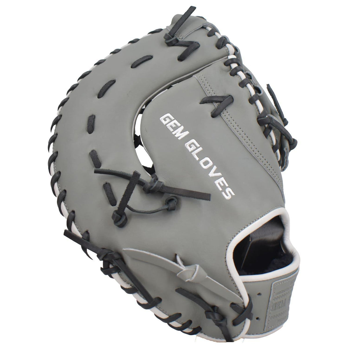 Gem Gloves Softball First Base Mitt/Glove - GEM021 (Grey/Black/White) – Product View | Smash It Sports | leather, kip, pro