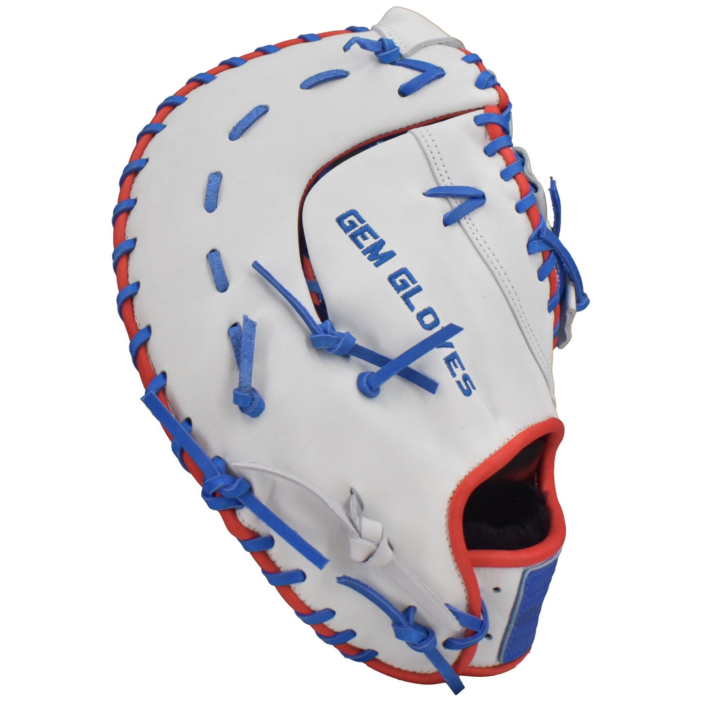 Gem Gloves Softball First Base Mitt/Glove - GEM019 (White/Royal/Red)