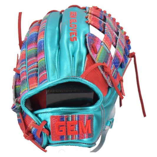 Gem Gloves Softball Fielding Glove - GEM015 (Metallic Aqua/Red) – Product View | Smash It Sports | leather, kip, pro